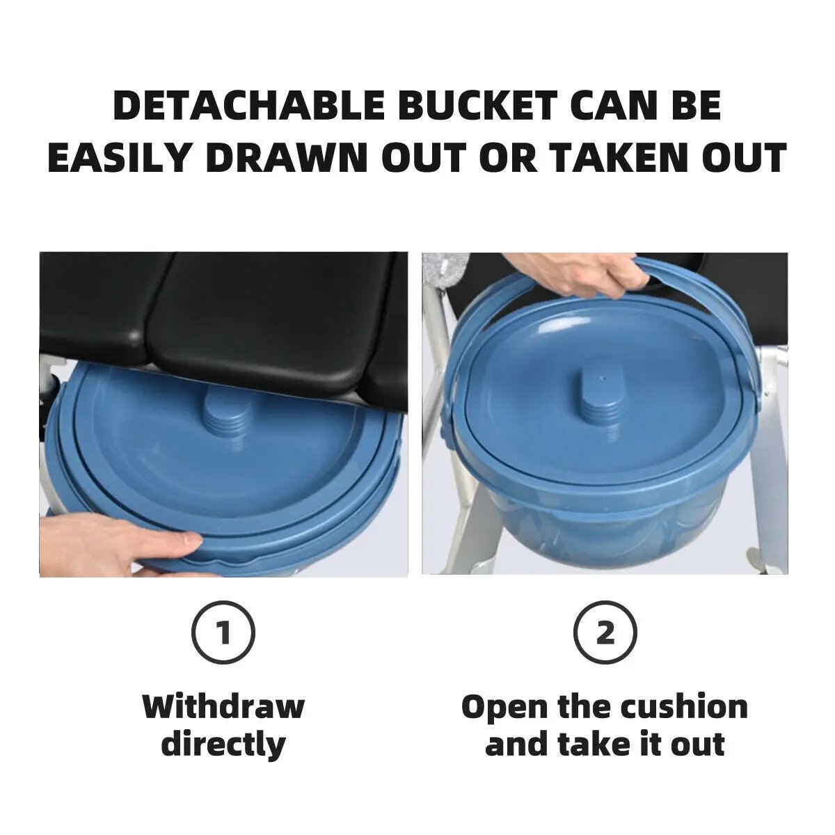 2-in-1 aluminum commode wheelchair with blue detachable bucket and lid on Tampa Home & Garden Store