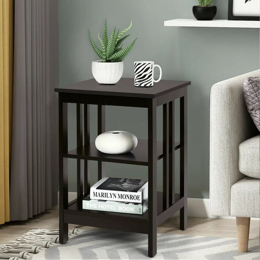 Black three-tier sofa nightstand with rounded corners; top shelf holds a plant and zebra mug on Tampa Home & Garden Store