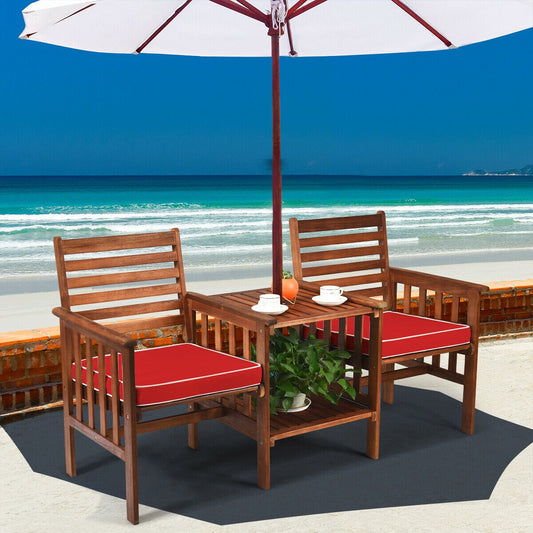 3 pcs Outdoor Patio Table Chairs Set Acacia Wood Loveseat-Red - Tampa Home & Garden Store