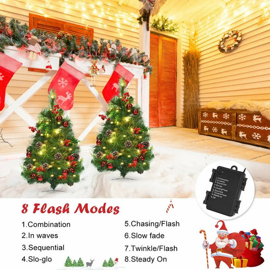 Set of 2 29-inch green battery-powered pathway artificial Christmas trees with warm lights on Tampa Home & Garden Store