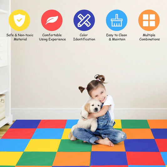 58 Inch Baby Folding Activity Floor Mat with colorful interlocking foam tiles, girl cuddling puppy on Tampa Home & Garden Store