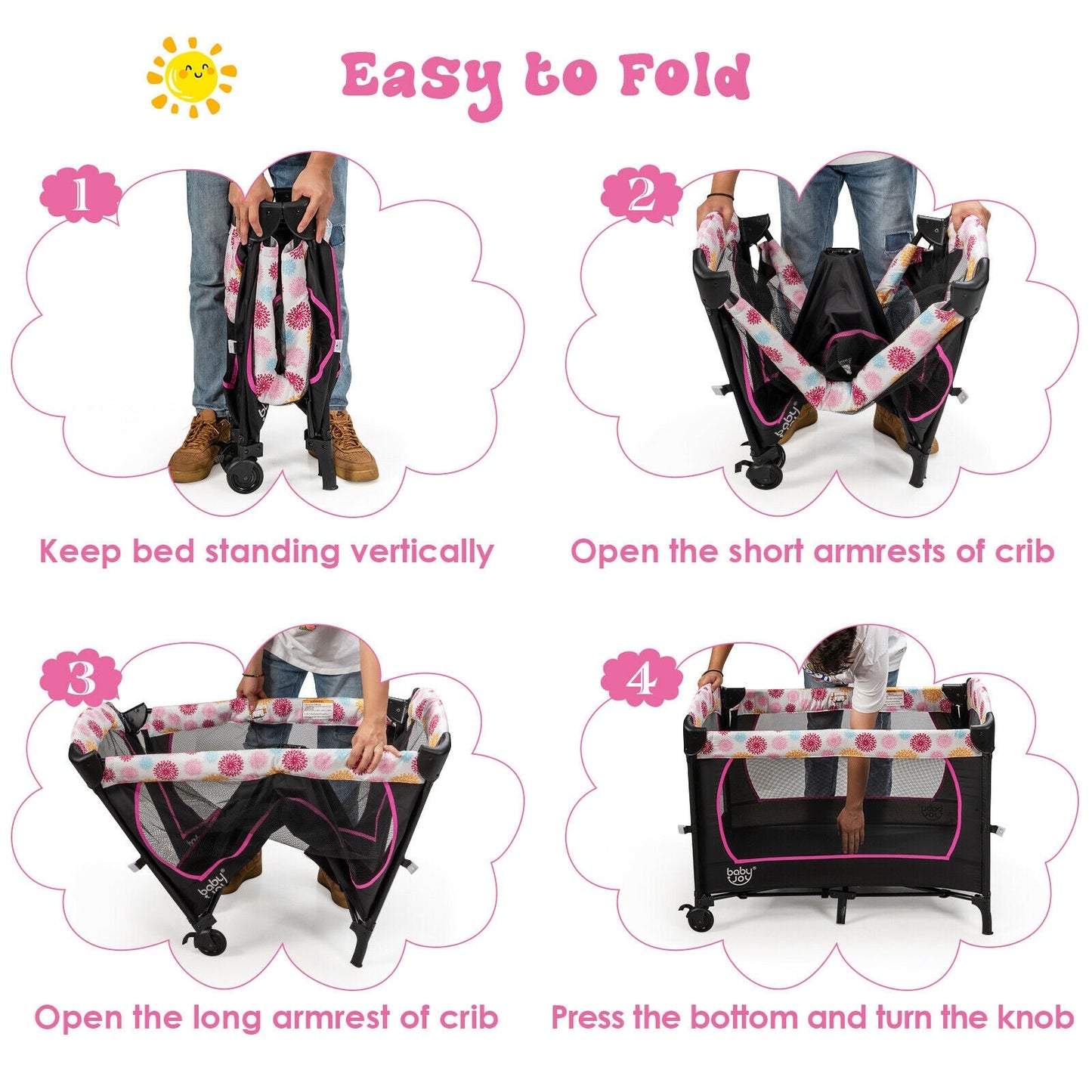 3-in-1 Convertible Portable Baby Playard floral pink fabric, wheels by DirectDeals on Tampa Home & Garden Store