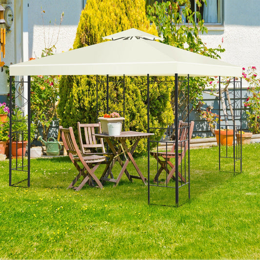 GemGear 2 Tiers 10x10 ft patio gazebo canopy over a wooden table and chairs in a sunny backyard on Tampa Home & Garden Store