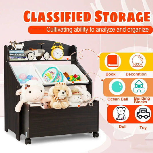 Kids Wooden Toy Storage Unit by DirectDeals with Rolling Toy Box dark wood finish and white bins on Tampa Home & Garden Store