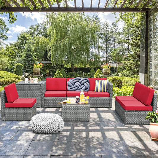 8 Piece Wicker Sofa Rattan Dinning Set Patio Furniture with Storage Table-Red - Tampa Home & Garden Store