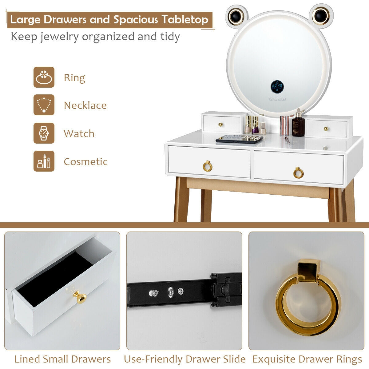 Vanity Set white finish with round 3-color lighted mirror and 4 drawers wooden legs DirectDeals on Tampa Home & Garden Store