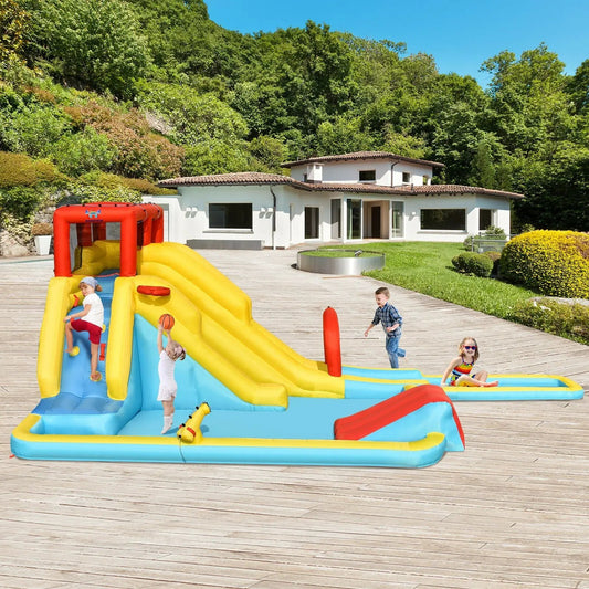 7-in-1 Inflatable Water Park Bounce House with dual slides in red, yellow, blue; kids play on Tampa Home & Garden Store