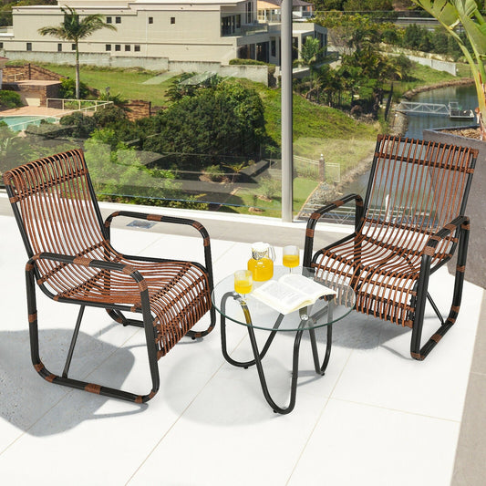 3 Pieces Patio Rattan Furniture Set with 2 Single Wicker Chairs and Glass Side Table - Tampa Home & Garden Store