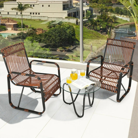 3 Pieces Patio Rattan Furniture Set with 2 Single Wicker Chairs and Glass Side Table - Tampa Home & Garden Store