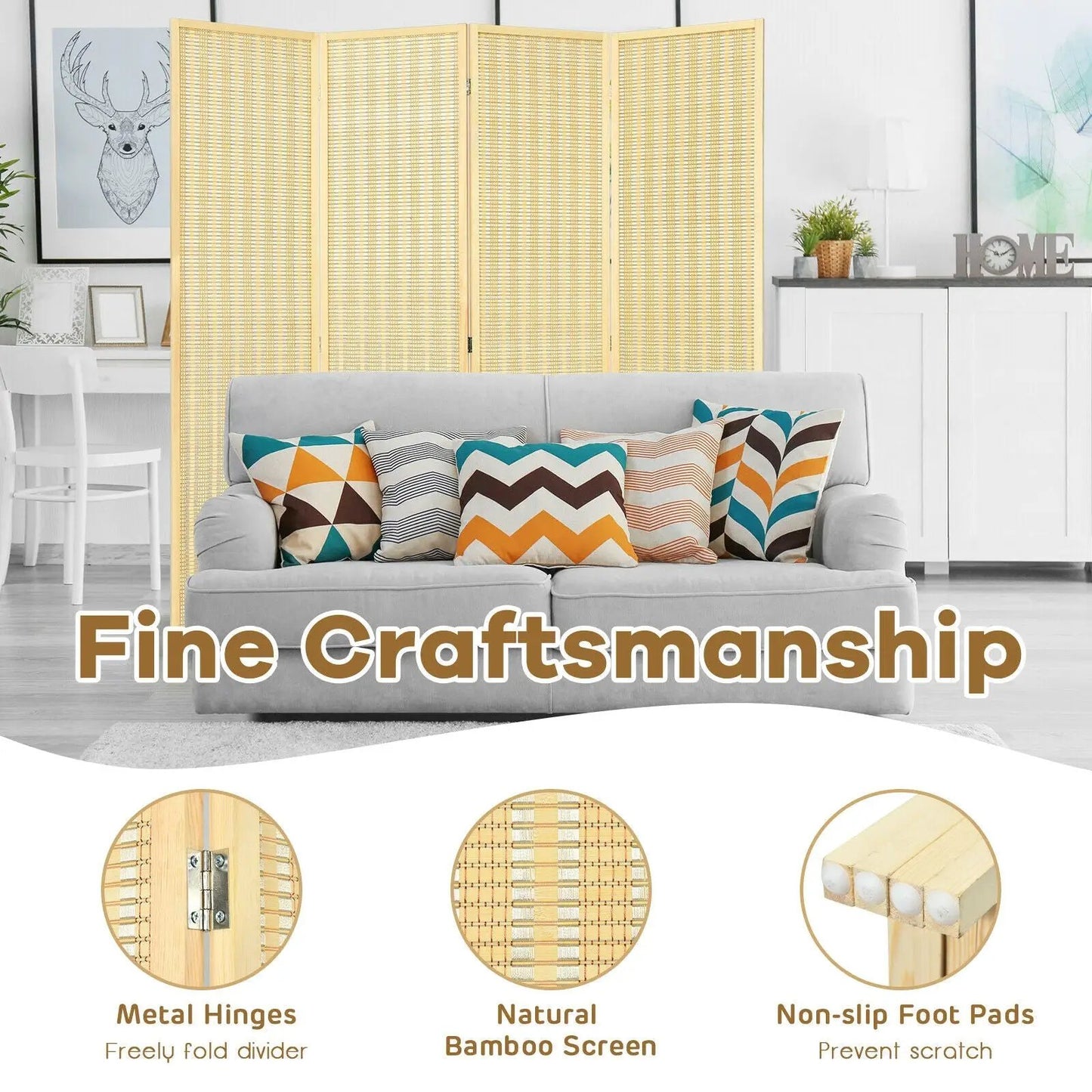 6 ft 4 Panel Portable Folding Room Divider Screen natural bamboo with metal hinges on Tampa Home & Garden Store