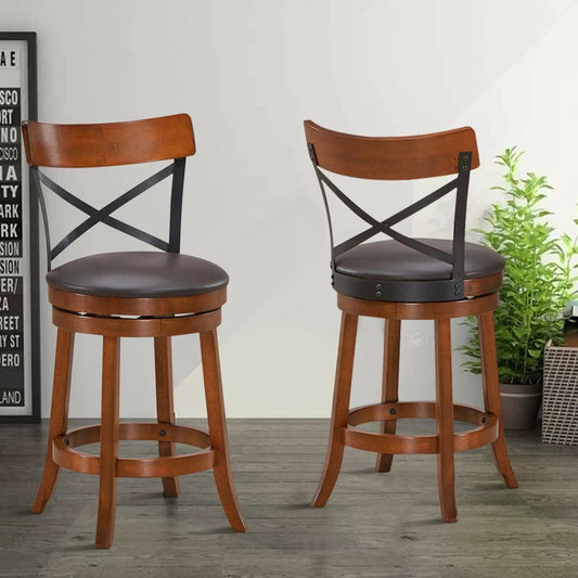Set of 2 bar stools with 360° swivel, dark brown cushioned seats, wood legs and cross-back frame on Tampa Home & Garden Store
