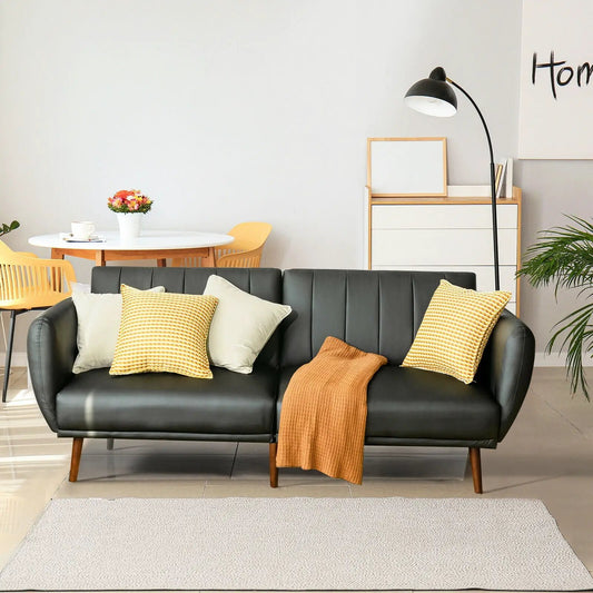 3 Seat Convertible Sofa Bed with Backrest in black leather, wooden legs on Tampa Home & Garden Store