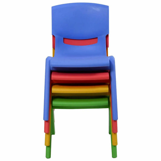 Four-pack colorful stackable children's chairs blue frame with rainbow seats and legs on Tampa Home & Garden Store