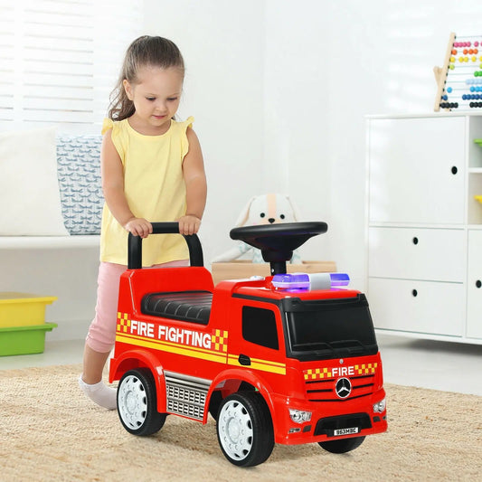 Mercedes-Benz kids fire engine racer ride-on red with black steering wheel and yellow decals on Tampa Home & Garden Store