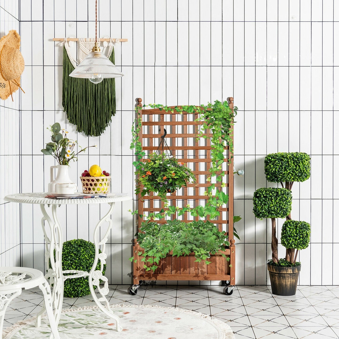 50 Inch Wood Planter Box with Trellis on wheels, brown stained wood with climbing greenery on Tampa Home & Garden Store