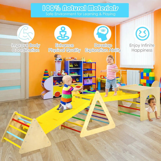 Five in One Kids Climber Play Gym and Ramps natural wood with colorful ladder rungs on Tampa Home & Garden Store