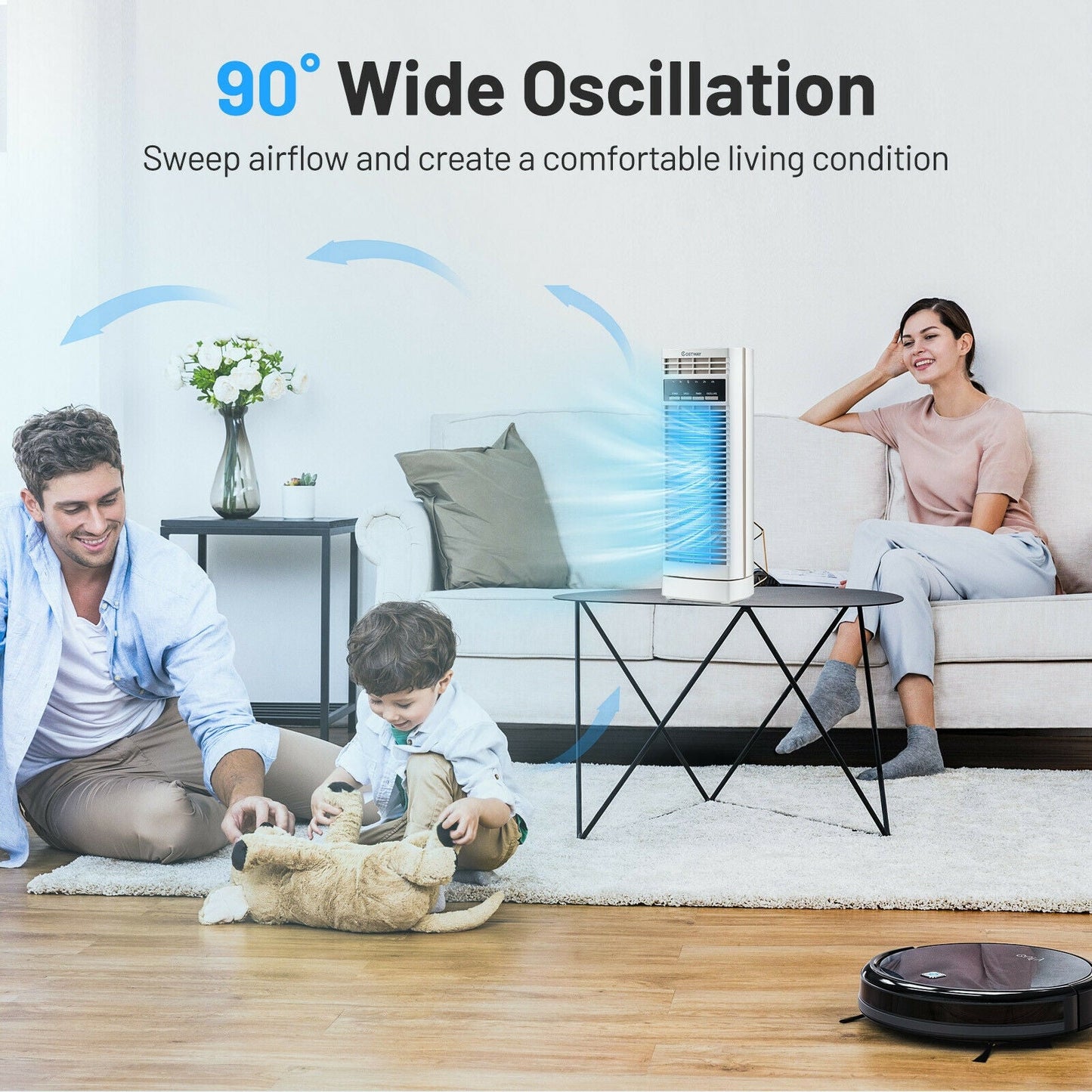 Ventilador de torre mini oscilante de 14 pulgadas con 3 velocidades y temporizador - Blanco
