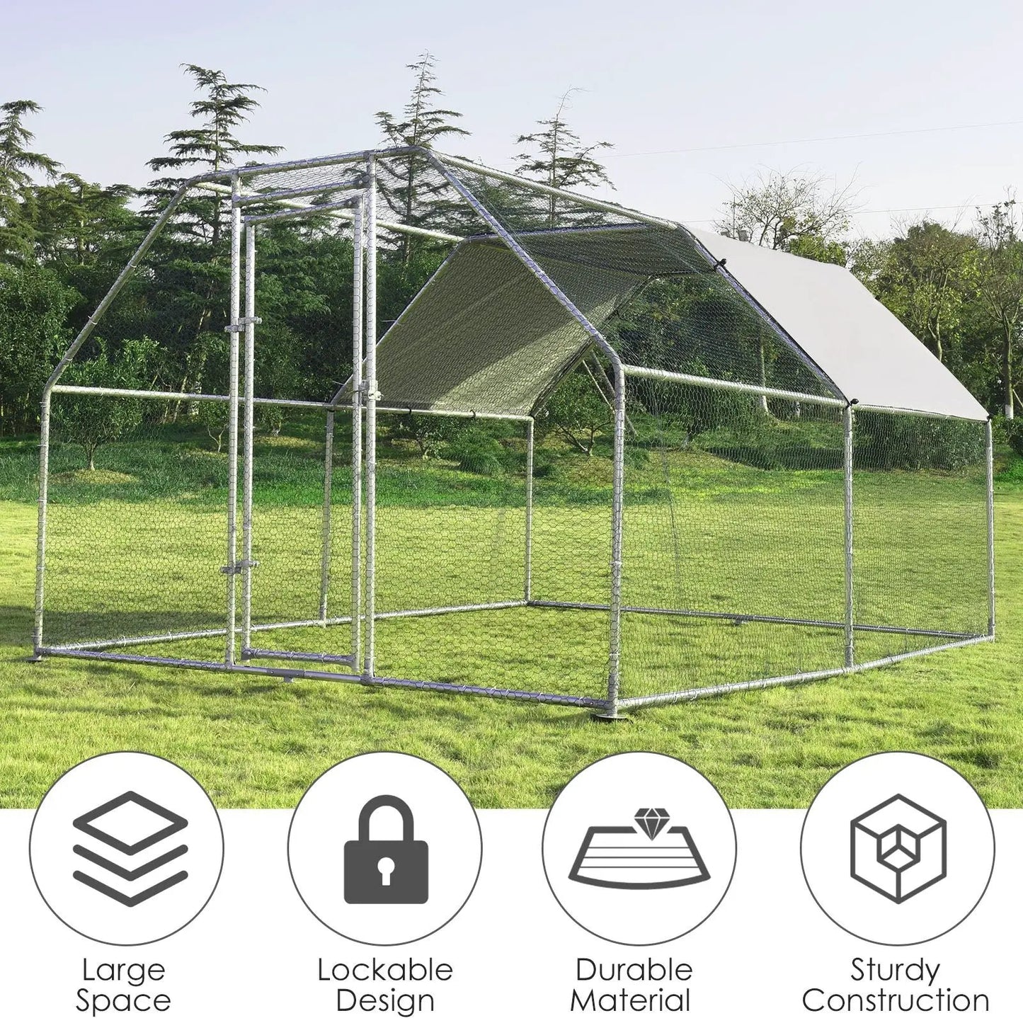 DirectDeals Large Chicken Coop Run with galvanized steel frame and chain-link enclosure on Tampa Home & Garden Store