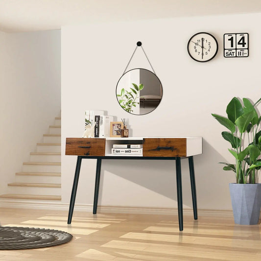 42 Inch Industrial Console Table with 2 Drawers DirectDeals, white body, wood fronts, black legs on Tampa Home & Garden Store
