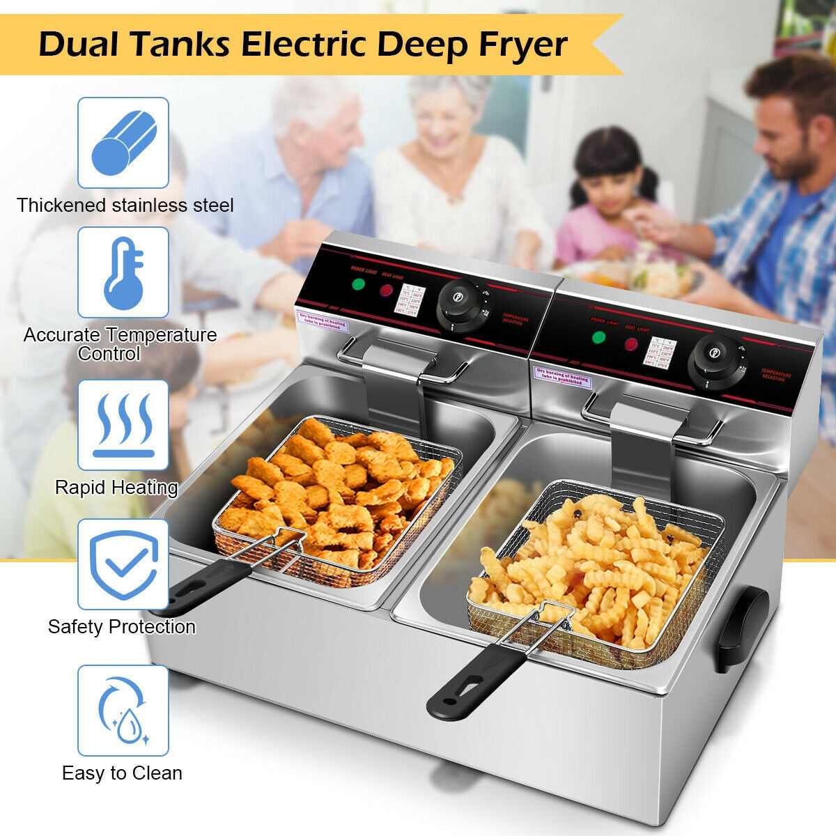 Freidora eléctrica de encimera con doble tanque de 3400 W