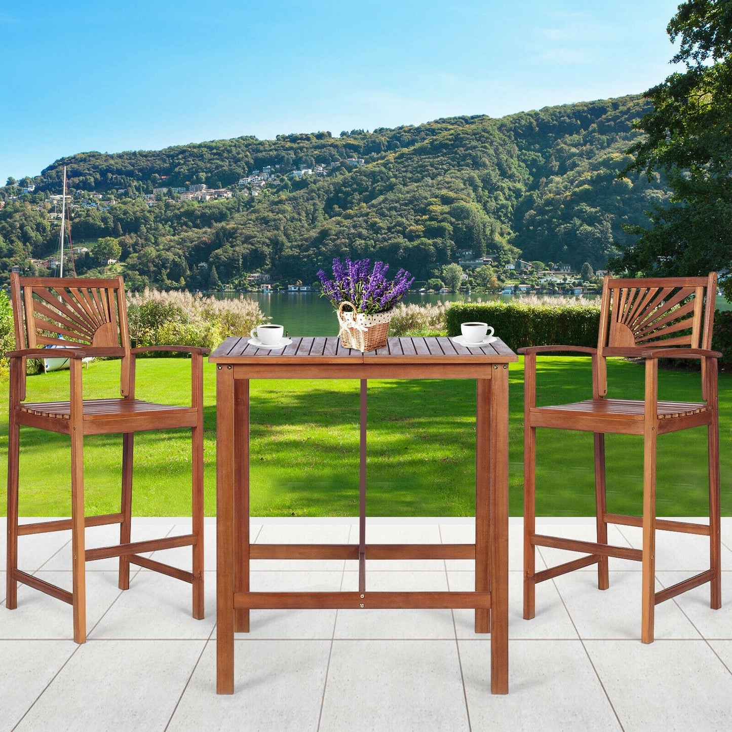 Juego de barra para patio de madera de acacia de 3 piezas con respaldo con diseño de girasol