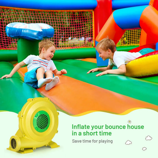 1100W DirectDeals air blower for inflatable bounce house, yellow unit with green vent on Tampa Home & Garden Store