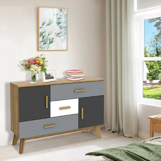 Free Standing Storage Cabinet 2 Doors 3 Drawers in natural wood with grey and white panel front on Tampa Home & Garden Store