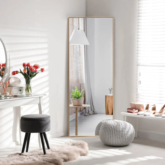 59 Inch Full Length Mirror with Gold Frame in a bright dressing area on Tampa Home & Garden Store