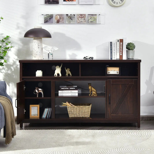 59 Inch TV Stand with Barn Door in dark brown wood, open shelves and cabinet on Tampa Home & Garden Store