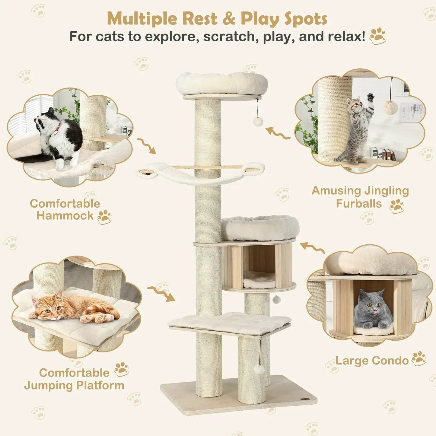 Wooden Cat Tree Condo with Sisal Posts, 4-Layer, natural wood & beige cushions DirectDeals on Tampa Home & Garden Store