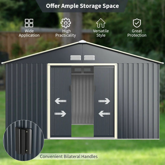 11 x 8 ft DirectDeals metal storage shed for garden tools, gray with double sliding doors on Tampa Home & Garden Store