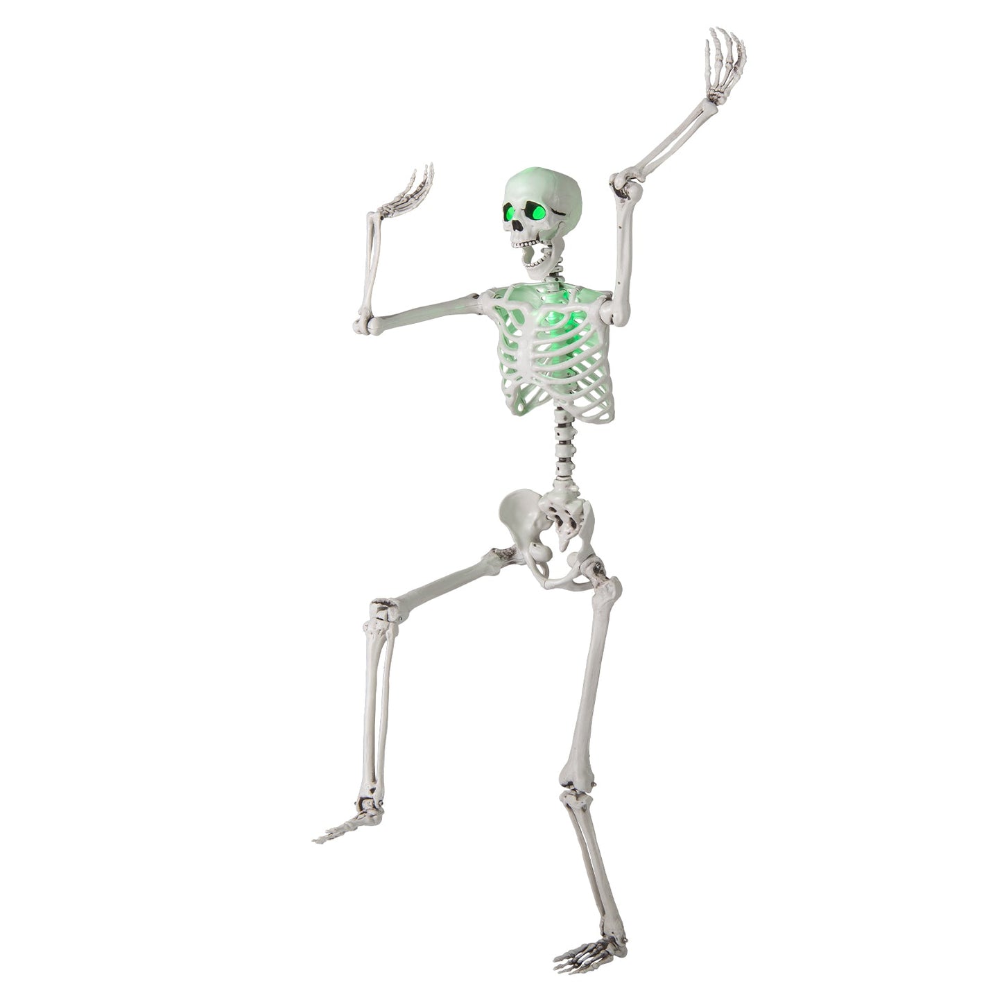 Life-size 5.5 ft Halloween skeleton, posable with glowing green eyes for indoor/outdoor decor on Tampa Home & Garden Store