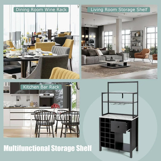 Kitchen Bakers Rack with wine storage and a drawer in black finish on Tampa Home & Garden Store