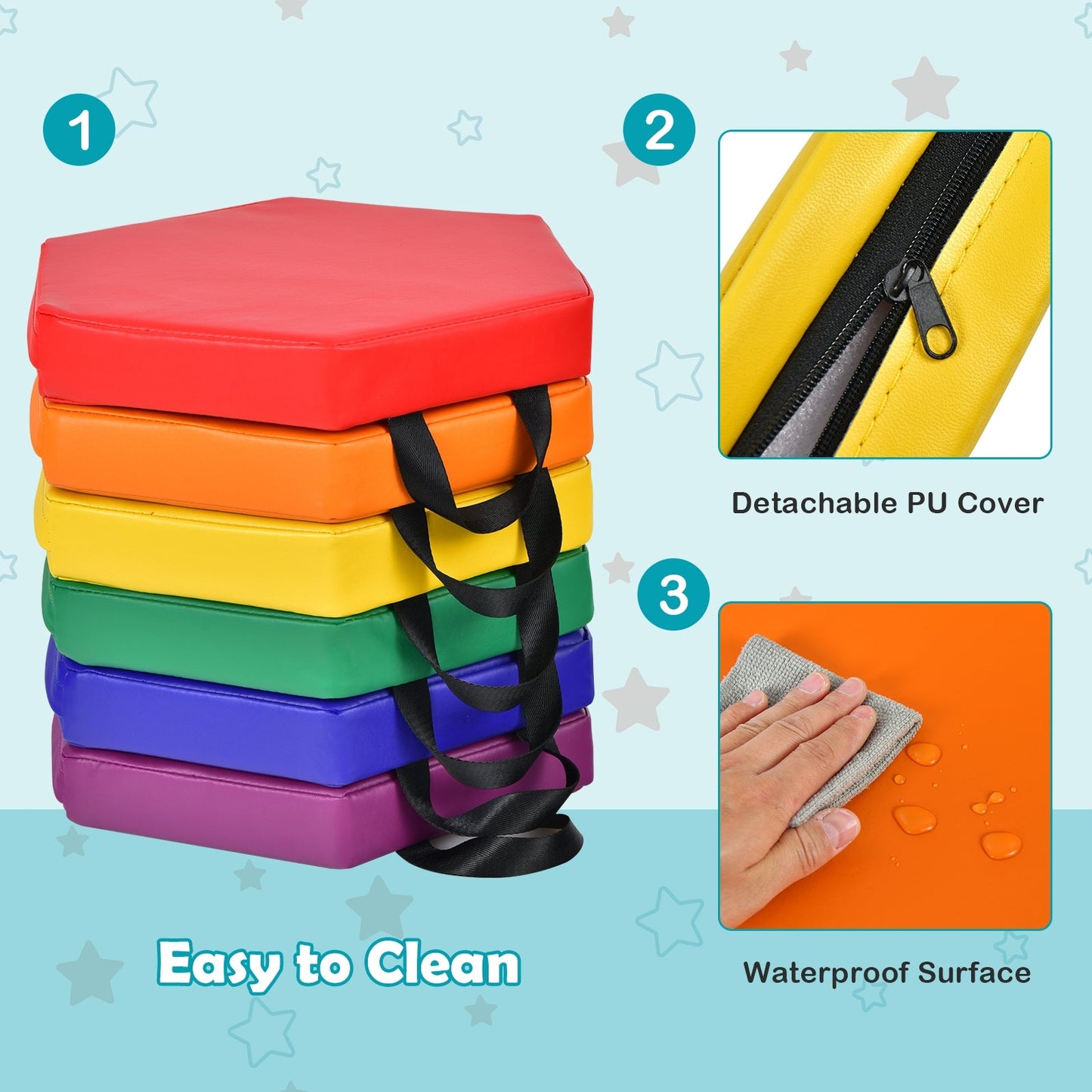 Hexagon Toddler Floor Cushions with Handles stacked in rainbow colors with black straps on Tampa Home & Garden Store