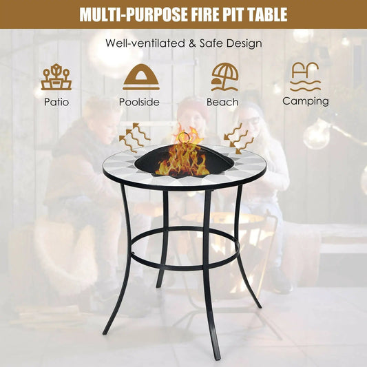 23.5 Inches Round Fire Pit Table with Mesh Cover and Fire Poker - Tampa Home & Garden Store