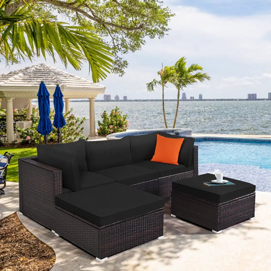 5 Pieces Patio Sectional Rattan Furniture Set with Ottoman Table-Black - Tampa Home & Garden Store