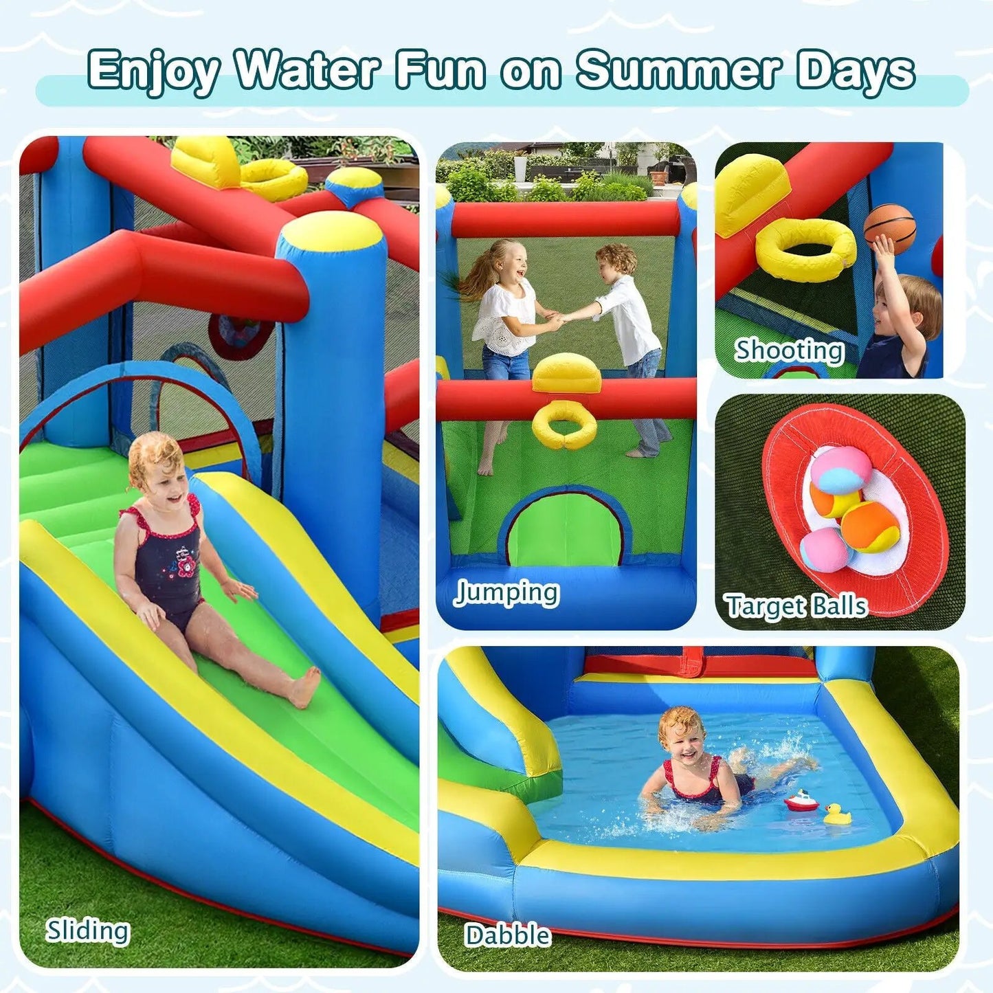 Inflatable kids water slide bounce castle with red blue yellow panels and blower on Tampa Home & Garden Store