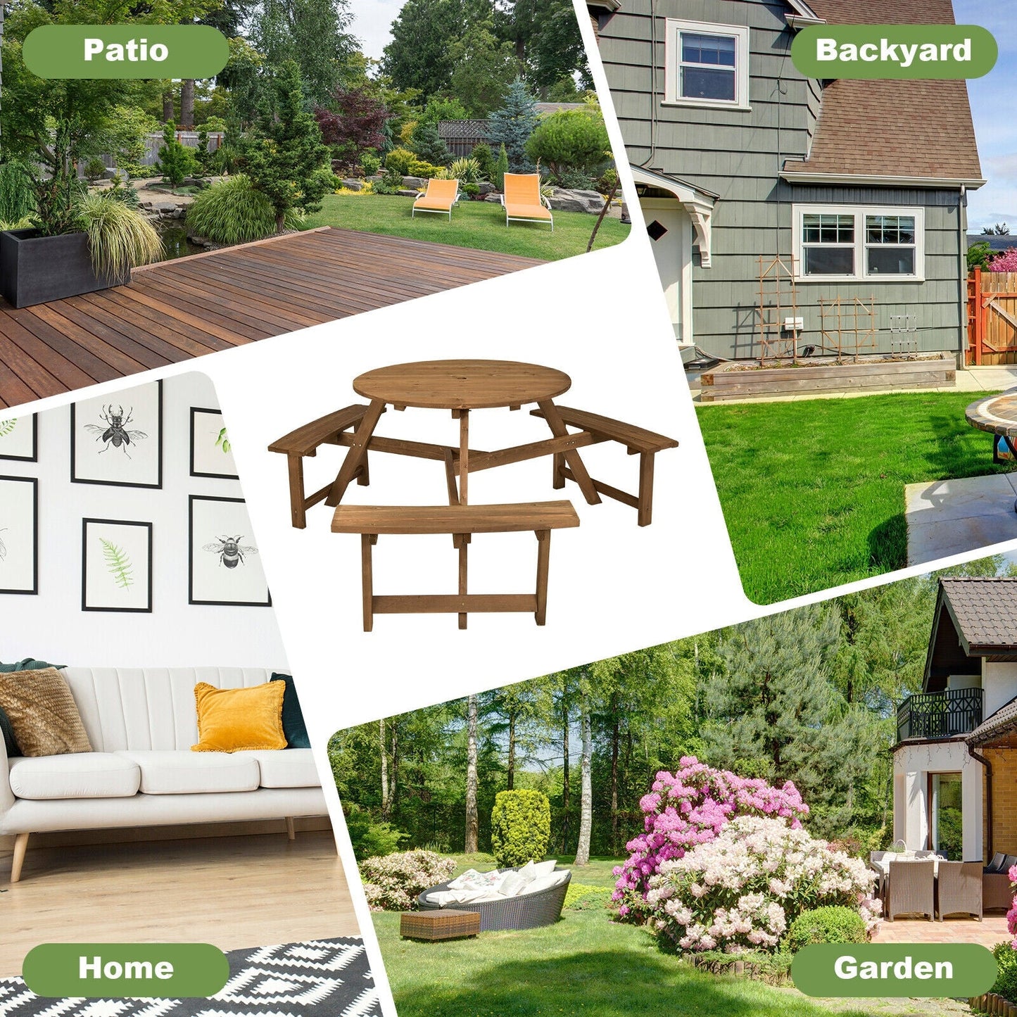 Round wooden picnic table with umbrella hole and builtin benches, dark brown DirectDeals 6-person on Tampa Home & Garden Store