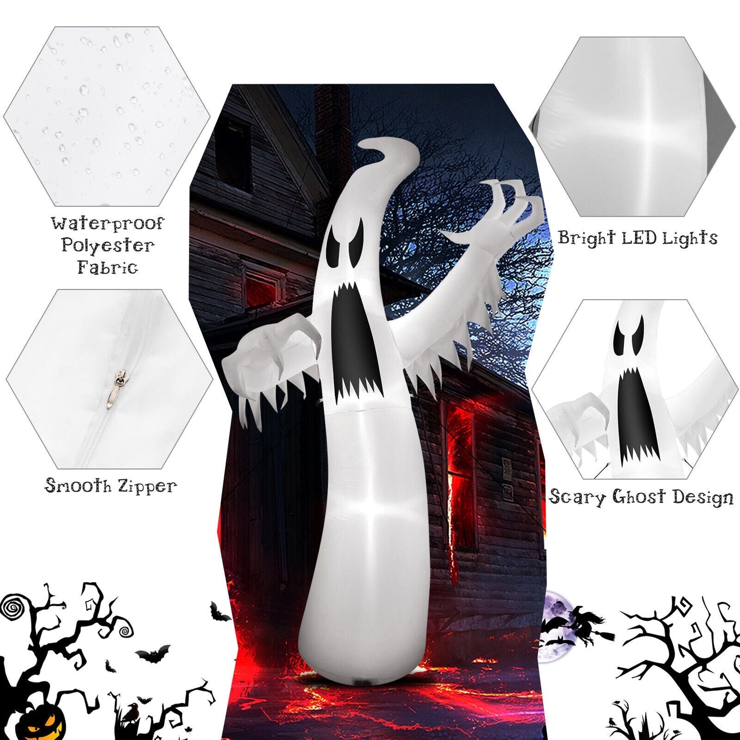 12 Feet Halloween Inflatable Ghost LED Lights DirectDeals white ghost with haunted backdrop on Tampa Home & Garden Store
