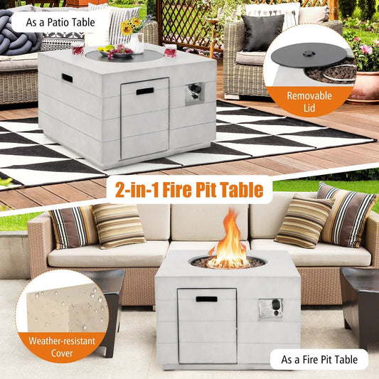 34 Inch Square Concrete Propane Fire Pit Table with Lava Rocks and Cover 50 000 BTU-Gray - Tampa Home & Garden Store
