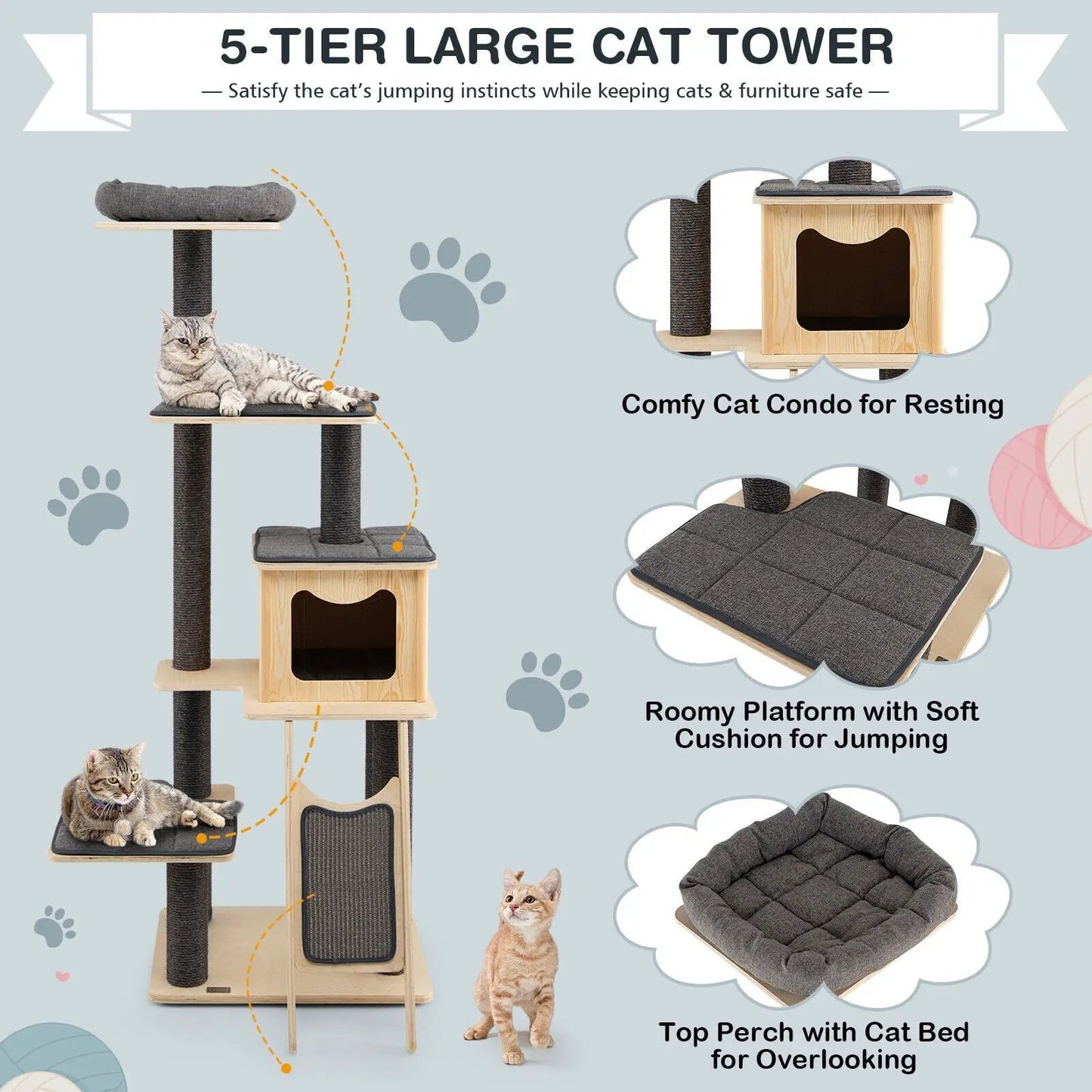 5-tier wooden cat tower with washable gray cushions and cozy condo for resting DirectDeals on Tampa Home & Garden Store