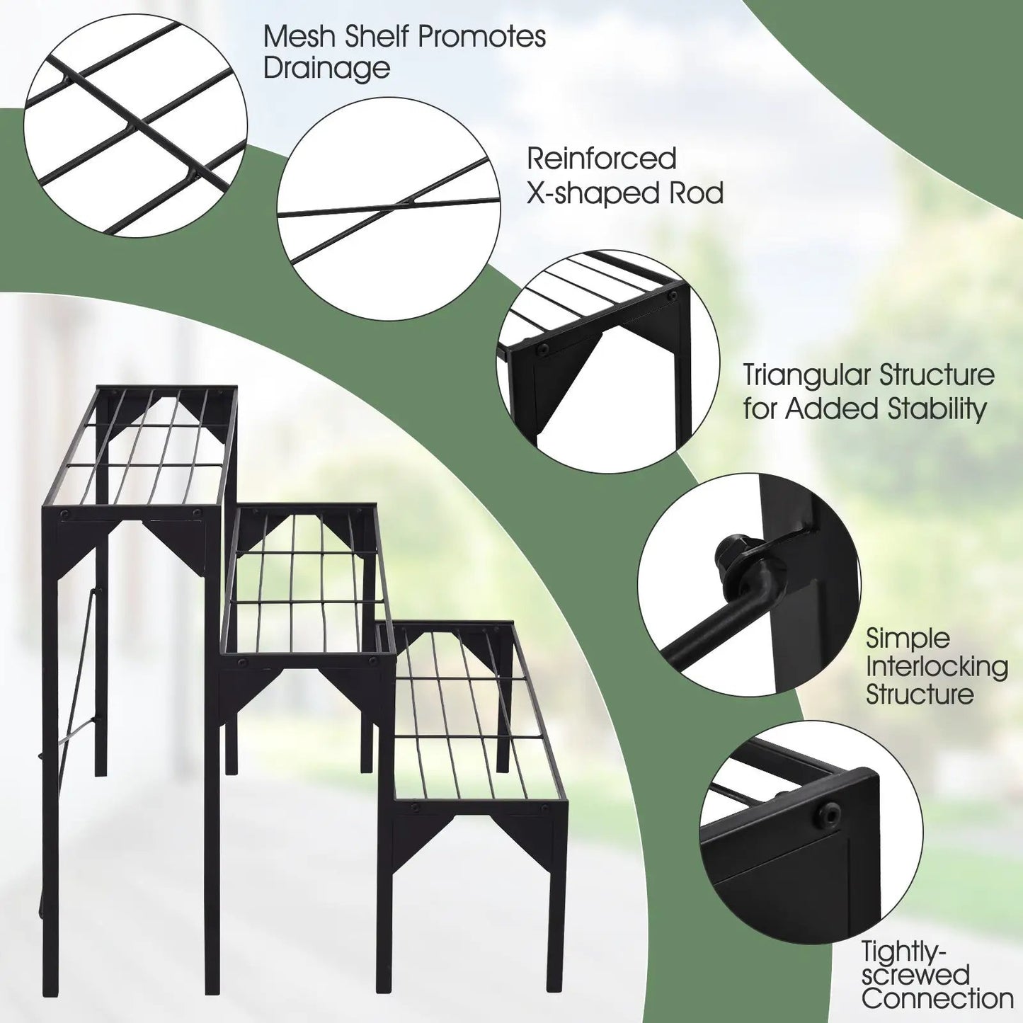 DirectDeals outdoor 3-tier black metal plant stand rack with mesh shelves triangular frame on Tampa Home & Garden Store