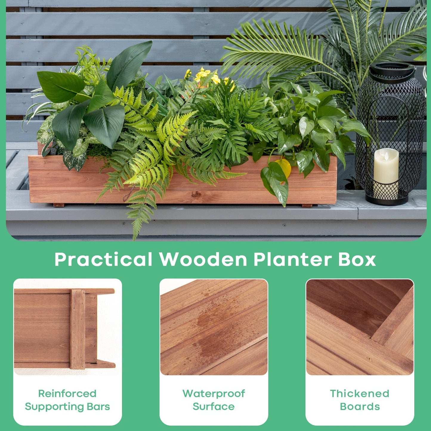 Rectangular wooden decorative planter box with green leafy plants in natural wood on Tampa Home & Garden Store