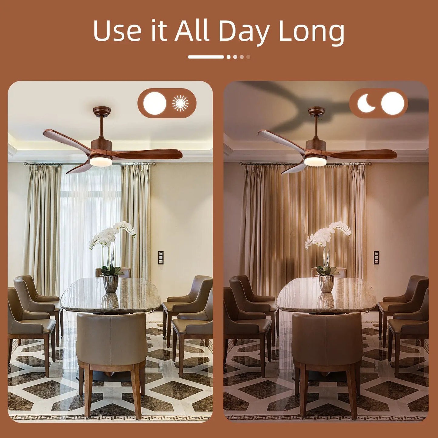 52-inch reversible ceiling fan with LED light, wood-finish blades, bronze finish on Tampa Home & Garden Store