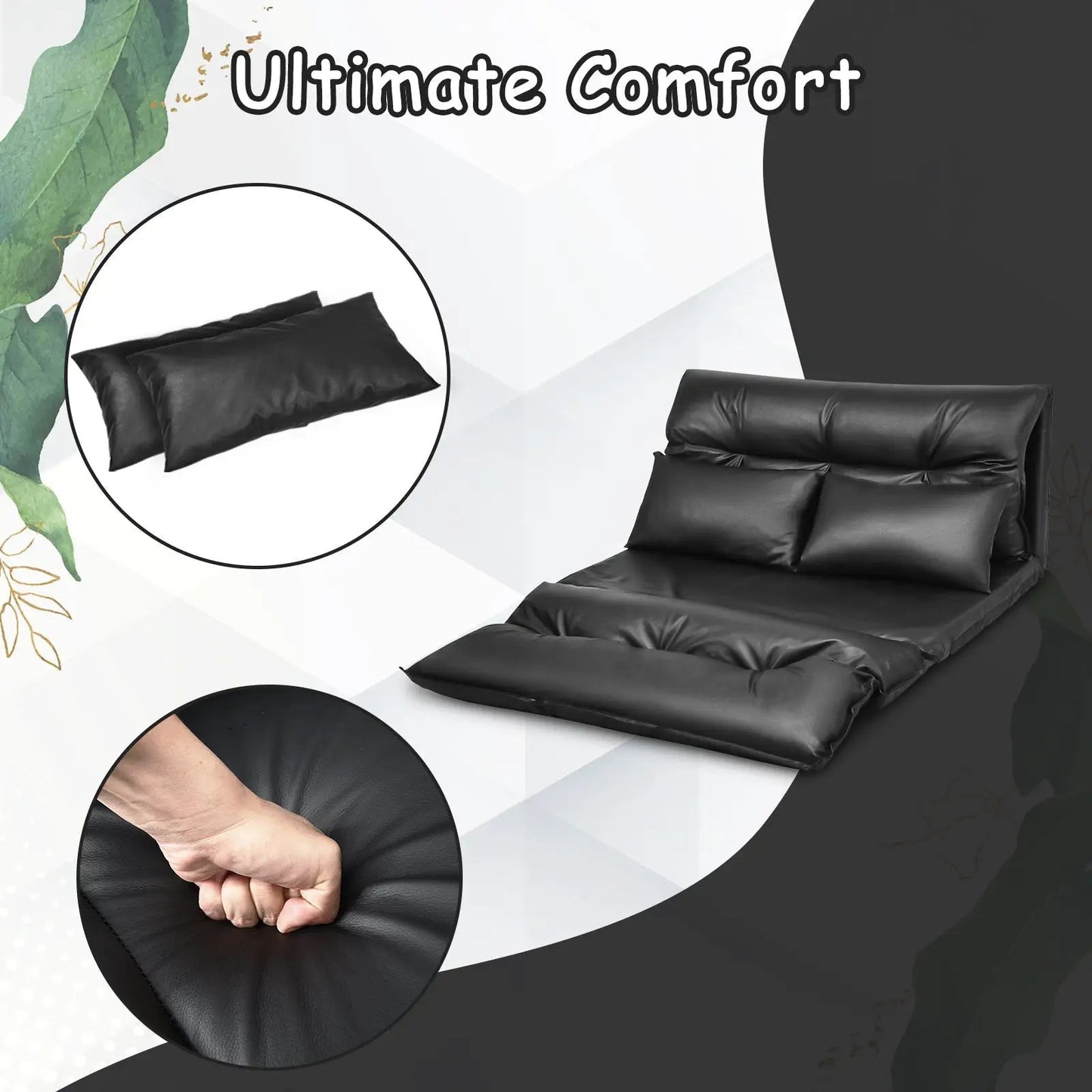 Foldable PU Leather Floor Sofa Bed with 2 Pillows, black, DirectDeals sleeper chair on Tampa Home & Garden Store