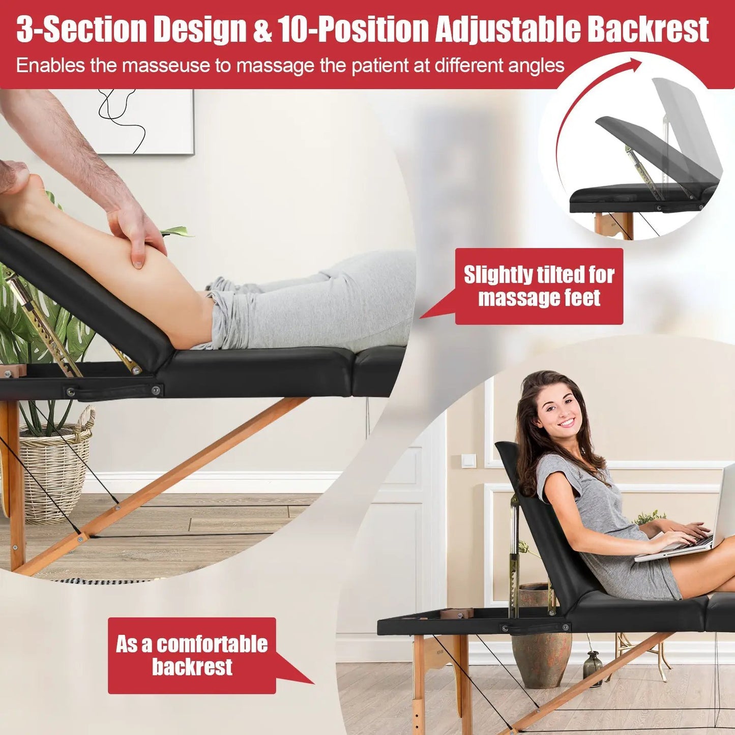3 Fold Portable Massage Table with Carry Case, black vinyl upholstery and wooden legs DirectDeals on Tampa Home & Garden Store