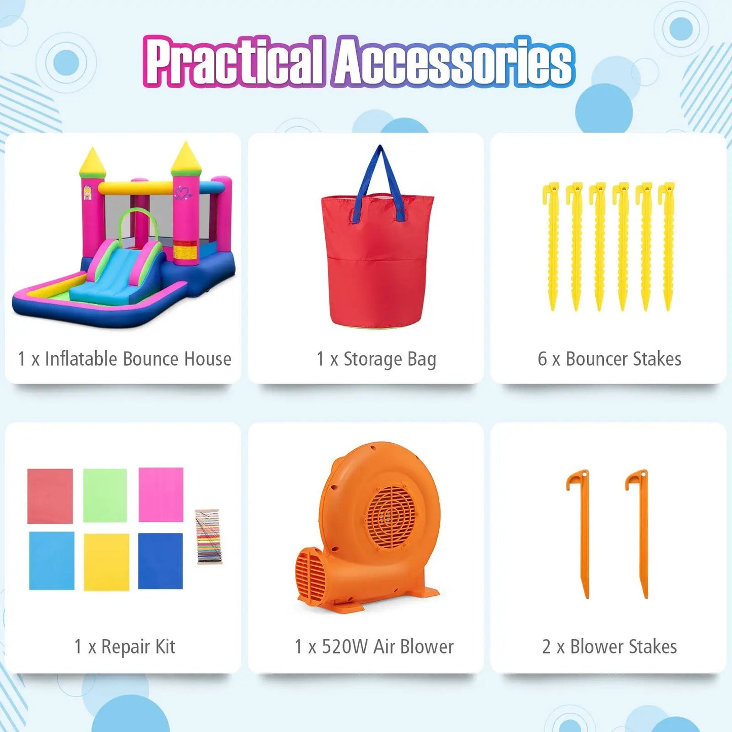 Inflatable Princess Bounce House with 520W Blower; includes 1 Storage Bag and 6 Bouncer Stakes on Tampa Home & Garden Store