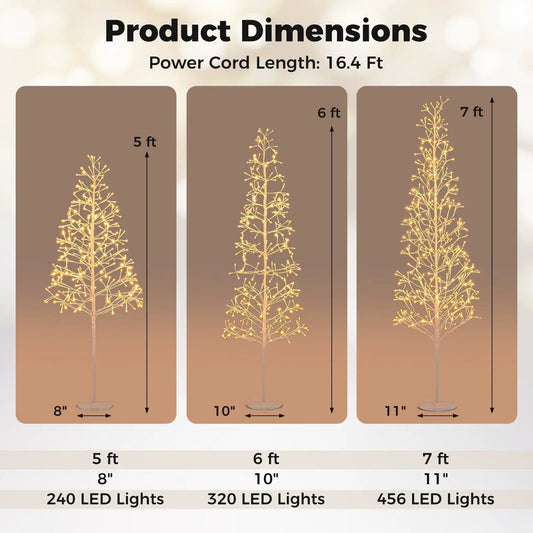 Lit Birch Twig Tree trio with warm white LEDs in 5 ft, 6 ft, 7 ft sizes; 240/320/456 LEDs on Tampa Home & Garden Store