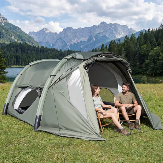 5-7 Person inflatable camping tent with screened porch in olive-green; two campers sit outside on Tampa Home & Garden Store