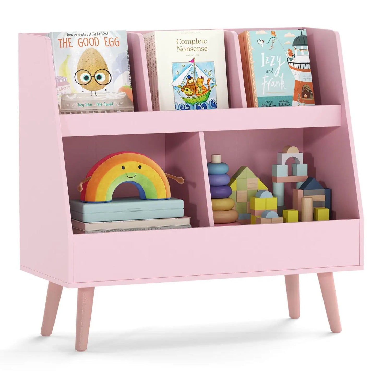 5-Cube Kids Bookshelf and Toy Organizer pink DirectDeals with five cubbies and angled legs on Tampa Home & Garden Store